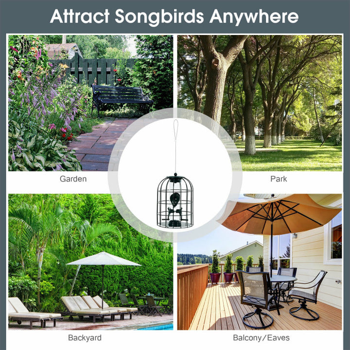 Outdoor Metal Hanging Bird Feeder Cage Squirrel-Proof Seed Guard Deterrent with 4 Feeding Ports for Garden Yard Balcony