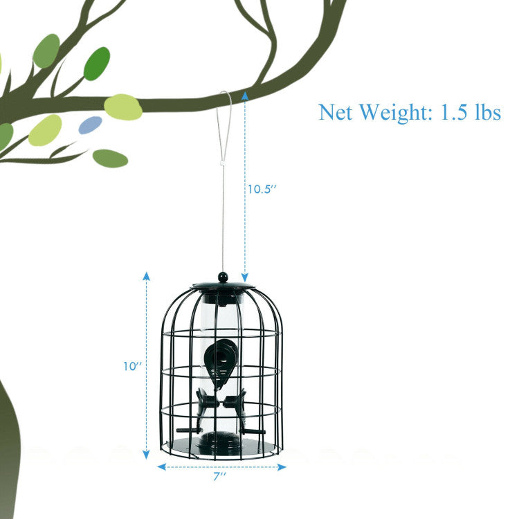 Outdoor Metal Hanging Bird Feeder Cage Squirrel-Proof Seed Guard Deterrent with 4 Feeding Ports for Garden Yard Balcony