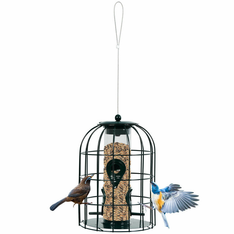 Outdoor Metal Hanging Bird Feeder Cage Squirrel-Proof Seed Guard Deterrent with 4 Feeding Ports for Garden Yard Balcony