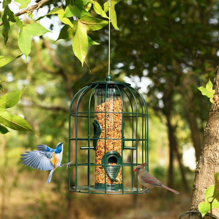 Outdoor Metal Hanging Bird Feeder Cage Squirrel-Proof Seed Guard Deterrent with 4 Feeding Ports for Garden Yard Balcony