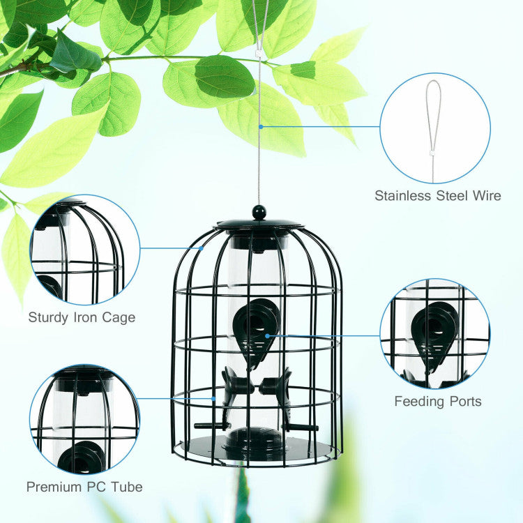 Outdoor Metal Hanging Bird Feeder Cage Squirrel-Proof Seed Guard Deterrent with 4 Feeding Ports for Garden Yard Balcony
