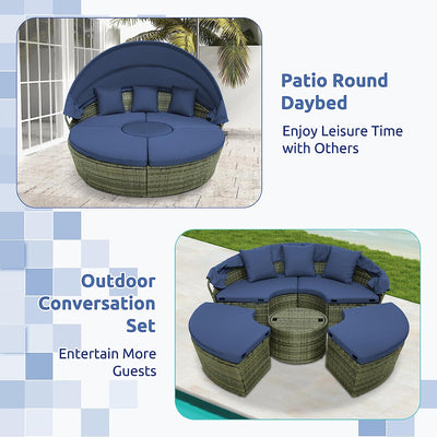 Outdoor PE Wicker Round Daybed Patio Sectional Seating Couch Furniture with Retractable Canopy and Cushions