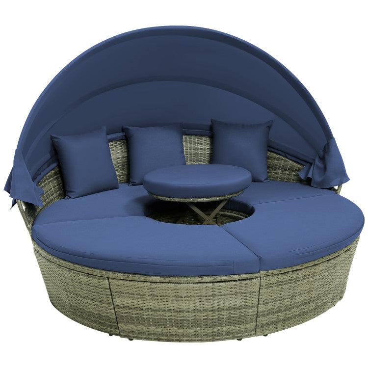 Outdoor PE Wicker Round Daybed Patio Sectional Seating Couch Furniture with Retractable Canopy and Cushions