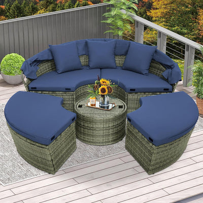 Outdoor PE Wicker Round Daybed Patio Sectional Seating Couch Furniture with Retractable Canopy and Cushions