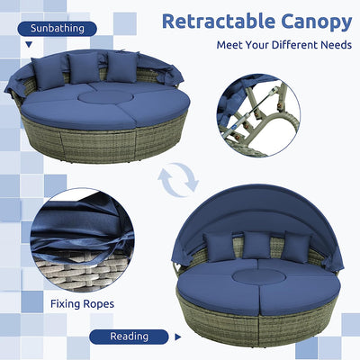 Outdoor PE Wicker Round Daybed Patio Sectional Seating Couch Furniture with Retractable Canopy and Cushions