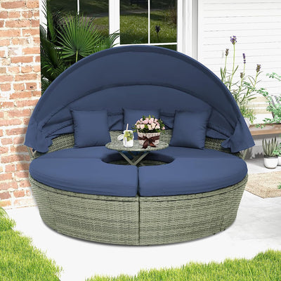 Outdoor PE Wicker Round Daybed Patio Sectional Seating Couch Furniture with Retractable Canopy and Cushions