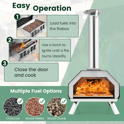 Outdoor Pizza Oven Stainless Steel Wood Fired Pizza Grill Maker with Foldable Legs and Removable Chimney