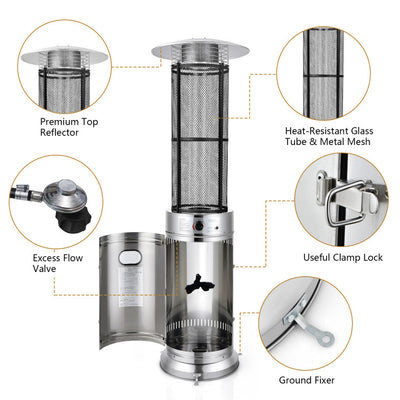 Outdoor Propane Heater 40000 BTU Stainless Steel Pyramid Floor-Standing Patio Heaters with Wheels and Dancing Flame