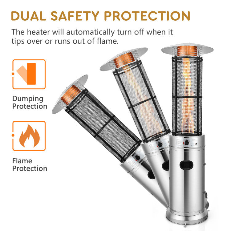 Outdoor Propane Heater 40000 BTU Stainless Steel Pyramid Floor-Standing Patio Heaters with Wheels and Dancing Flame