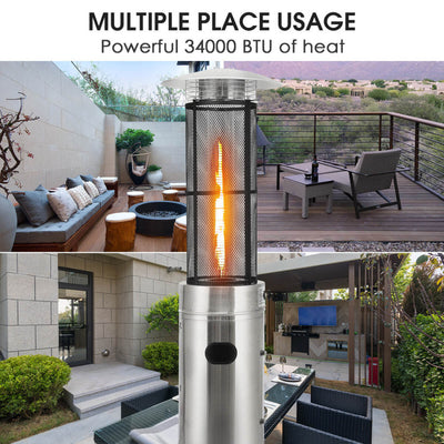 Outdoor Propane Heater 34000 BTU Stainless Steel Pyramid Floor-Standing Patio Heaters with Wheels and Dancing Flame
