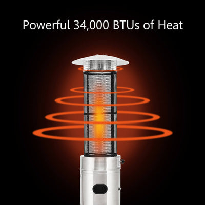 Outdoor Propane Heater 34000 BTU Stainless Steel Pyramid Floor-Standing Patio Heaters with Wheels and Dancing Flame