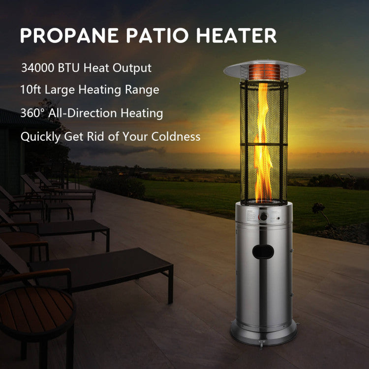 Outdoor Propane Heater 34000 BTU Stainless Steel Pyramid Floor-Standing Patio Heaters with Wheels and Dancing Flame