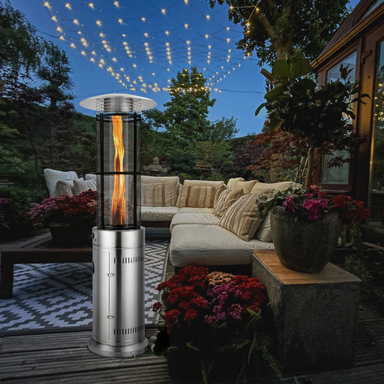 Outdoor Propane Heater 34000 BTU Stainless Steel Pyramid Floor-Standing Patio Heaters with Wheels and Dancing Flame