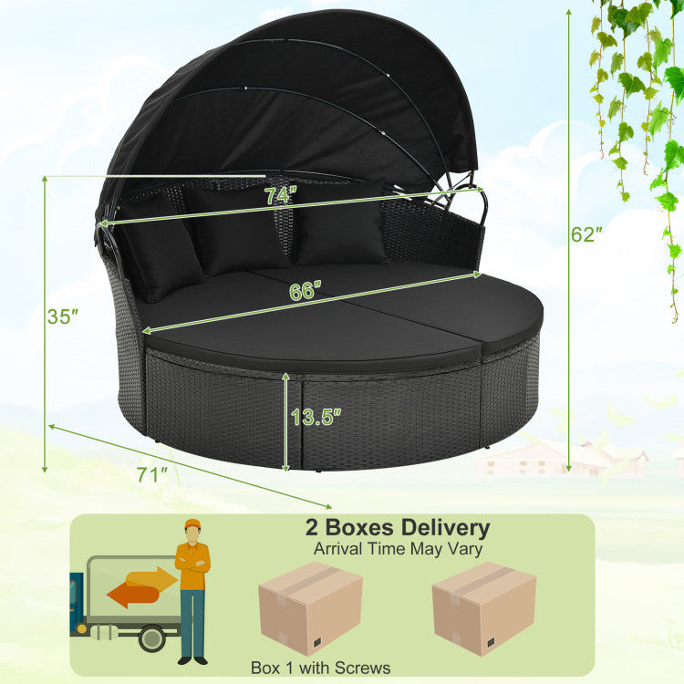 Outdoor Rattan Round Daybed Patio Clamshell Wicker Sofa Bed Sectional Couch with Retractable Canopy and Adjustable Footpads