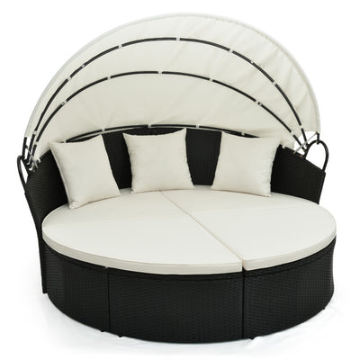 Outdoor Rattan Round Daybed Patio Clamshell Wicker Sofa Bed Sectional Couch with Retractable Canopy and Adjustable Footpads