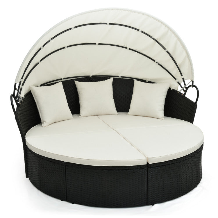 Outdoor Rattan Round Daybed Patio Clamshell Wicker Sofa Bed Sectional Couch with Retractable Canopy and Adjustable Footpads