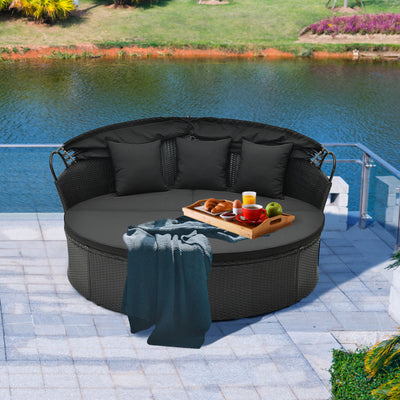 Outdoor Rattan Round Daybed Patio Clamshell Wicker Sofa Bed Sectional Couch with Retractable Canopy and Adjustable Footpads