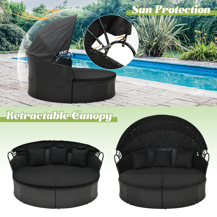 Outdoor Rattan Round Daybed Patio Clamshell Wicker Sofa Bed Sectional Couch with Retractable Canopy and Adjustable Footpads