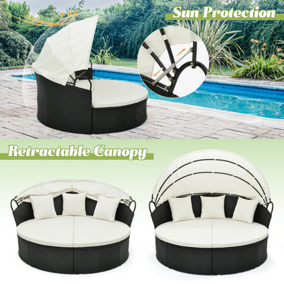 Outdoor Rattan Round Daybed Patio Clamshell Wicker Sofa Bed Sectional Couch with Retractable Canopy and Adjustable Footpads