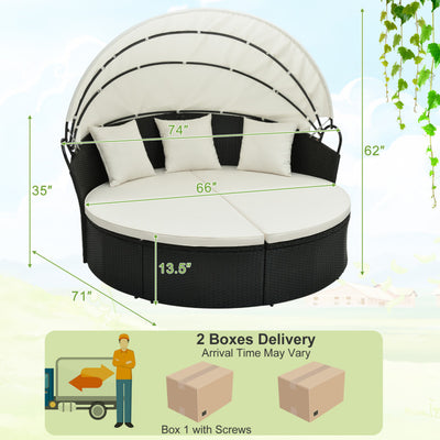 Outdoor Rattan Round Daybed Patio Clamshell Wicker Sofa Bed Sectional Couch with Retractable Canopy and Adjustable Footpads