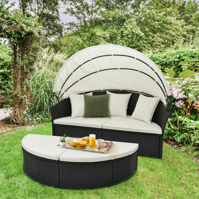 Outdoor Rattan Round Daybed Patio Clamshell Wicker Sofa Bed Sectional Couch with Retractable Canopy and Adjustable Footpads