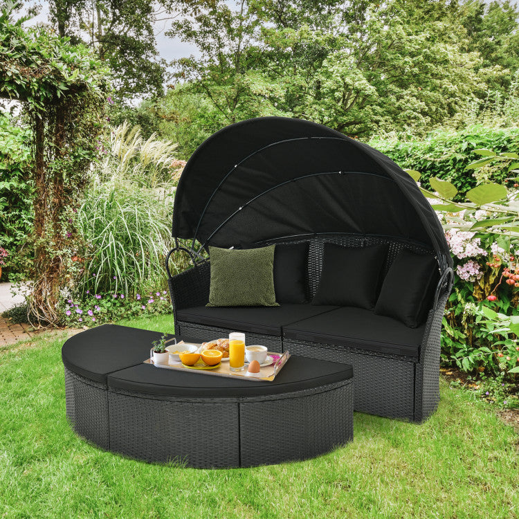 Outdoor Rattan Round Daybed Patio Clamshell Wicker Sofa Bed Sectional Couch with Retractable Canopy and Adjustable Footpads