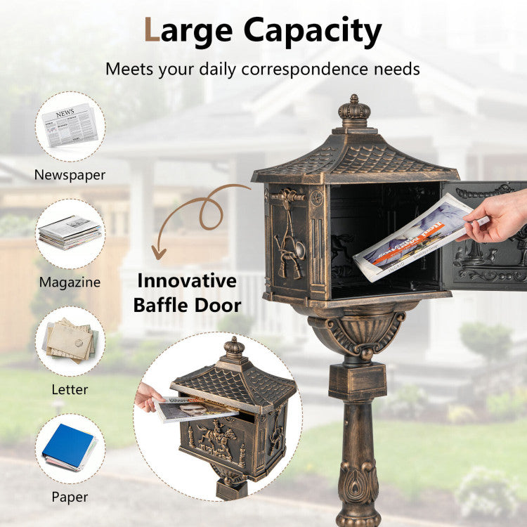 Outdoor Retro Cast Aluminum Mailbox Heavy-Duty Lockable Postal Mailboxes with Baffle Door
