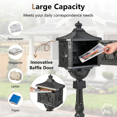 Outdoor Retro Cast Aluminum Mailbox Heavy-Duty Lockable Postal Mailboxes with Baffle Door