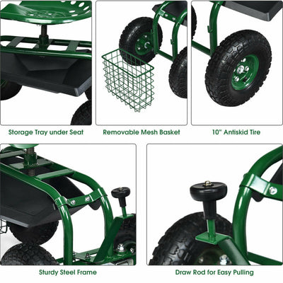 Outdoor Rolling Garden Cart 360 Swivel Gardening Workseat with Adjustable Height and Removable Mesh Basket