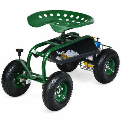 Outdoor Rolling Garden Cart 360 Swivel Gardening Workseat with Adjustable Height and Removable Mesh Basket