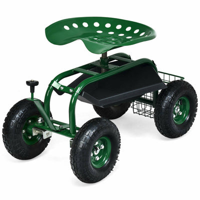 Outdoor Rolling Garden Cart 360 Swivel Gardening Workseat with Adjustable Height and Removable Mesh Basket