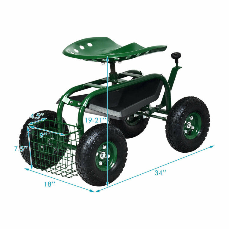 Outdoor Rolling Garden Cart 360 Swivel Gardening Workseat with Adjustable Height and Removable Mesh Basket
