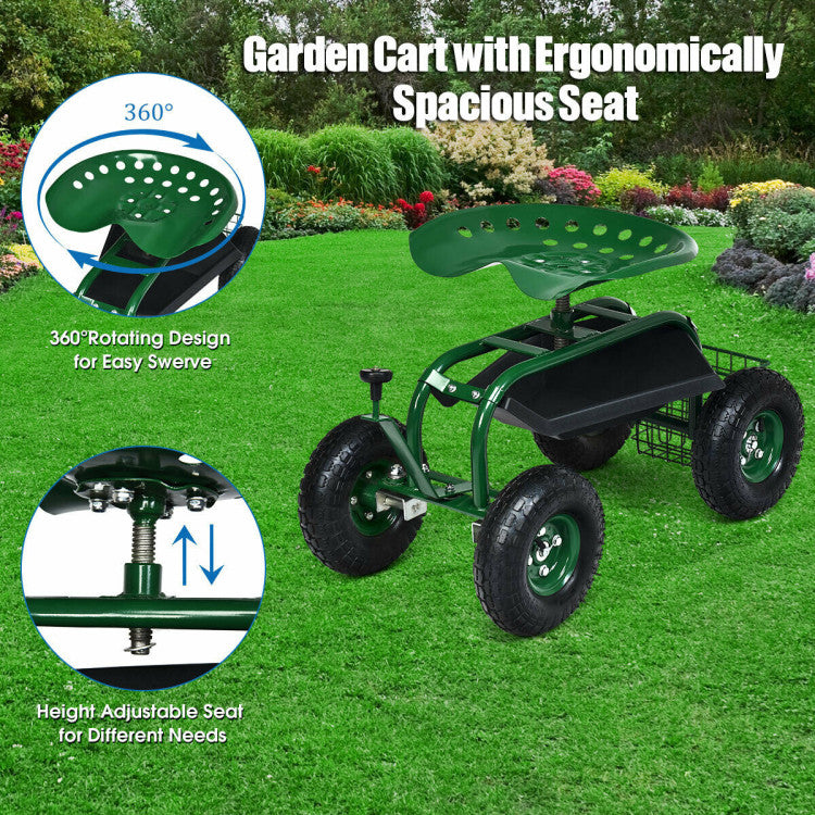 Outdoor Rolling Garden Cart 360 Swivel Gardening Workseat with Adjustable Height and Removable Mesh Basket