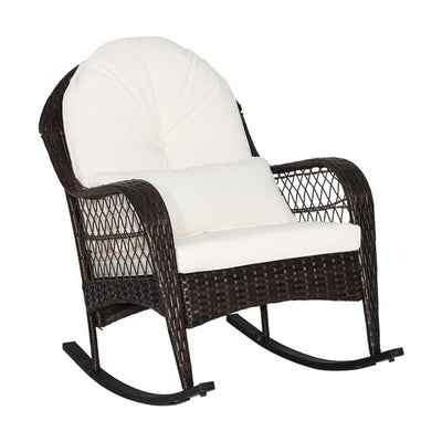 2 Pieces Outdoor Wicker Rocking Chair Patio Rattan Rocker with Cushions and Waist Pillow