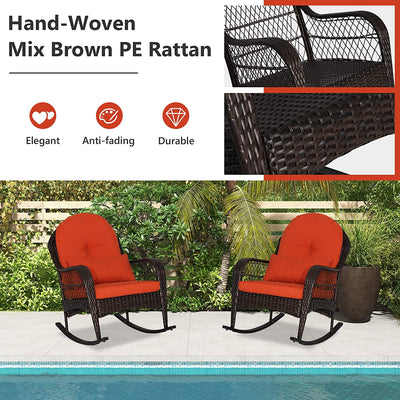 2 Pieces Outdoor Wicker Rocking Chair Patio Rattan Rocker with Cushions and Waist Pillow