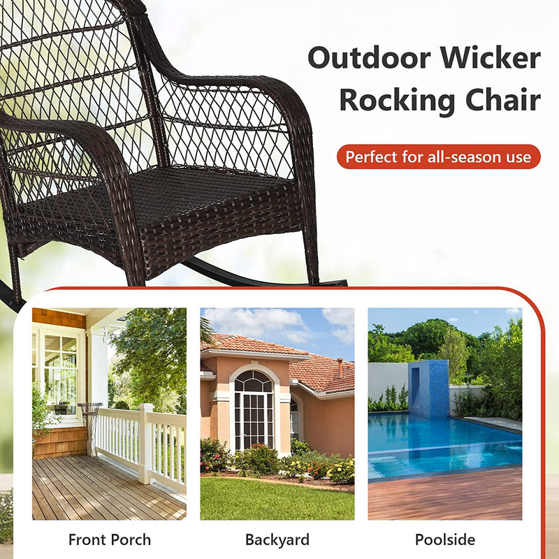 2 Pieces Outdoor Wicker Rocking Chair Patio Rattan Rocker with Cushions and Waist Pillow