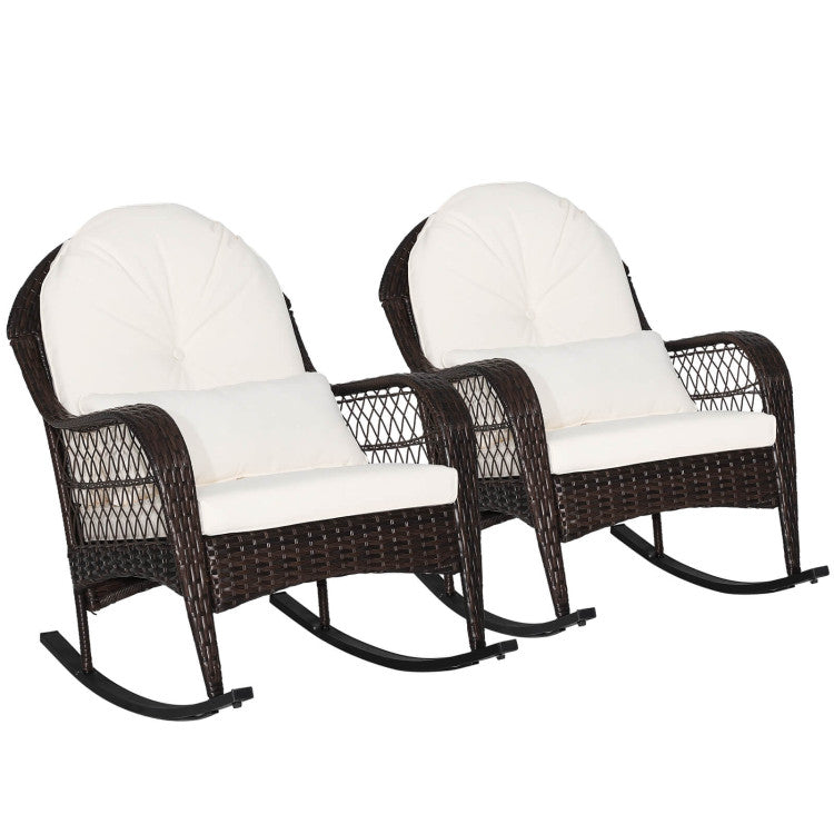 2 Pieces Outdoor Wicker Rocking Chair Patio Rattan Rocker with Cushions and Waist Pillow