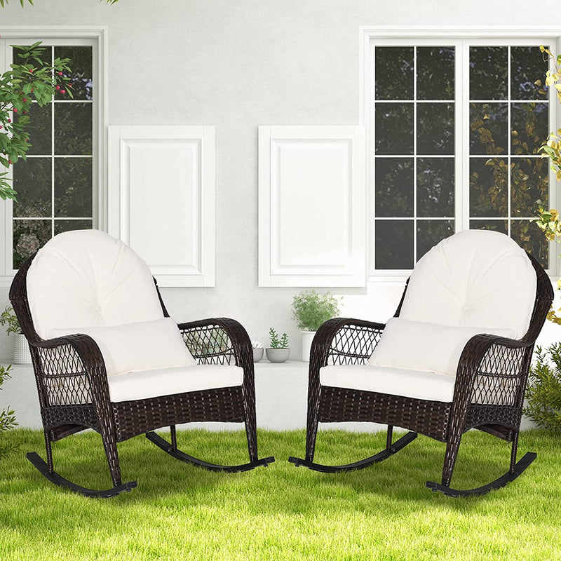 2 Pieces Outdoor Wicker Rocking Chair Patio Rattan Rocker with Cushions and Waist Pillow