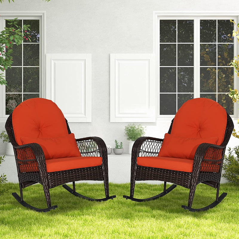 2 Pieces Outdoor Wicker Rocking Chair Patio Rattan Rocker with Cushions and Waist Pillow