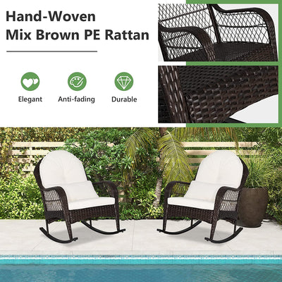 2 Pieces Outdoor Wicker Rocking Chair Patio Rattan Rocker with Cushions and Waist Pillow