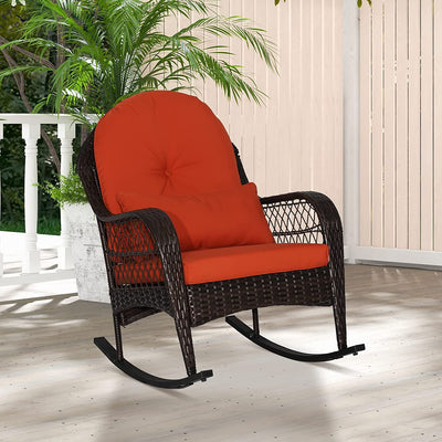 2 Pieces Outdoor Wicker Rocking Chair Patio Rattan Rocker with Cushions and Waist Pillow
