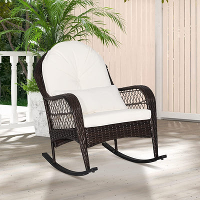 2 Pieces Outdoor Wicker Rocking Chair Patio Rattan Rocker with Cushions and Waist Pillow