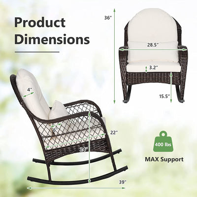 2 Pieces Outdoor Wicker Rocking Chair Patio Rattan Rocker with Cushions and Waist Pillow