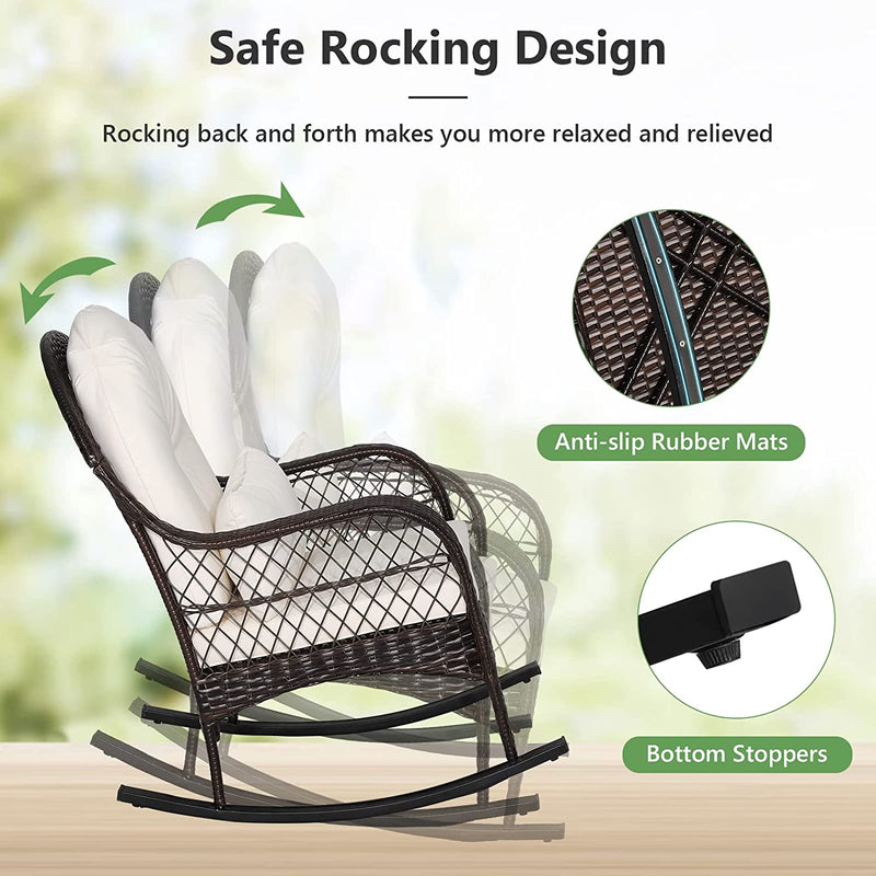 2 Pieces Outdoor Wicker Rocking Chair Patio Rattan Rocker with Cushions and Waist Pillow