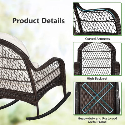 2 Pieces Outdoor Wicker Rocking Chair Patio Rattan Rocker with Cushions and Waist Pillow