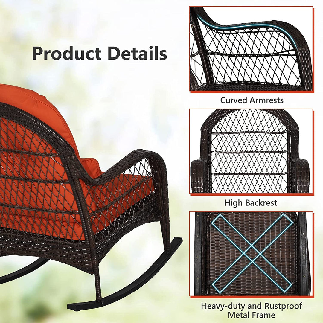 2 Pieces Outdoor Wicker Rocking Chair Patio Rattan Rocker with Cushions and Waist Pillow