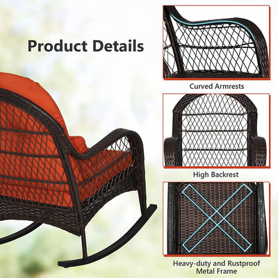 2 Pieces Outdoor Wicker Rocking Chair Patio Rattan Rocker with Cushions and Waist Pillow