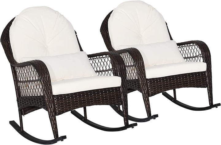 2 Pieces Outdoor Wicker Rocking Chair Patio Rattan Rocker with Cushions and Waist Pillow