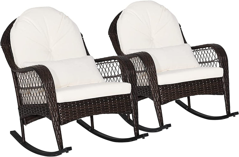 2 Pieces Outdoor Wicker Rocking Chair Patio Rattan Rocker with Cushions and Waist Pillow