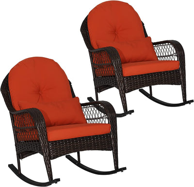 2 Pieces Outdoor Wicker Rocking Chair Patio Rattan Rocker with Cushions and Waist Pillow